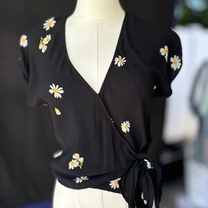 Madewell Black Wrap Blouse with Daisy Embroidery